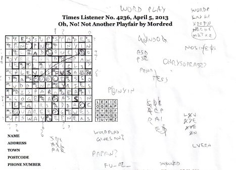 My working grid for Listener Crossword  4236 - Oh No Not Another Playfair! By Mordred